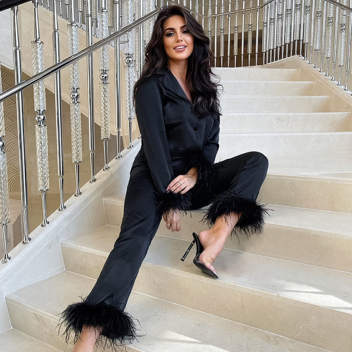 European And American Fashion Ostrich Hair Long-sleeved Trousers Suit