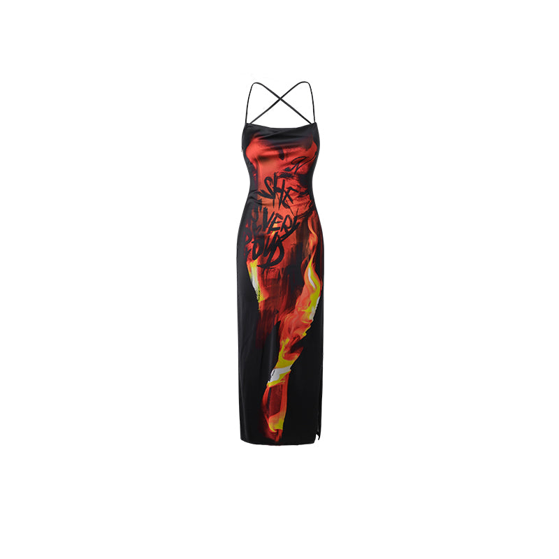 Ladies Flame Printed Backless Halter Neck Long Dress - JOcaste