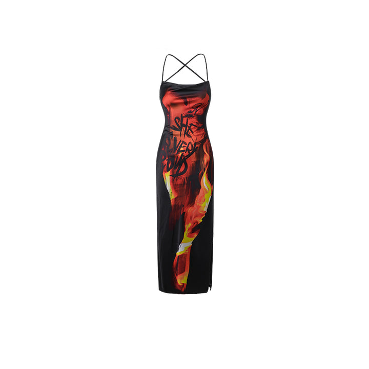 Ladies Flame Printed Backless Halter Neck Long Dress