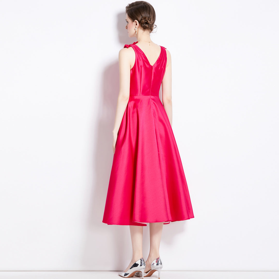 Three-dimensional Bow Diamond V Neck Tight Waist Large Hem Dress