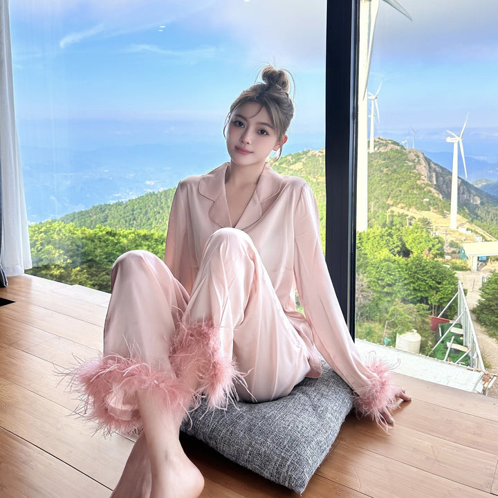 Ice Silk Satin Pajamas Feather Sleeve Homewear