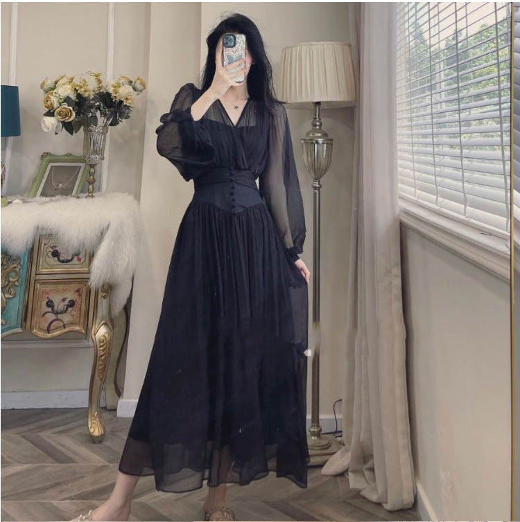 Feminine V-neck Long Sleeve Waist Dress