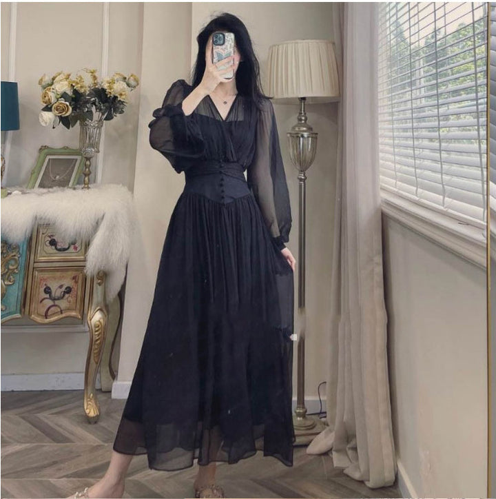 Feminine V-neck Long Sleeve Waist Dress