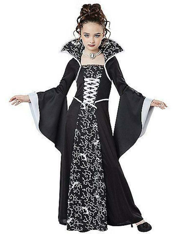 Children's Halloween Costume Witch Retro Lace Up Stand-up Collar Flared Sleeves Printed Maxi Dress - JOcaste