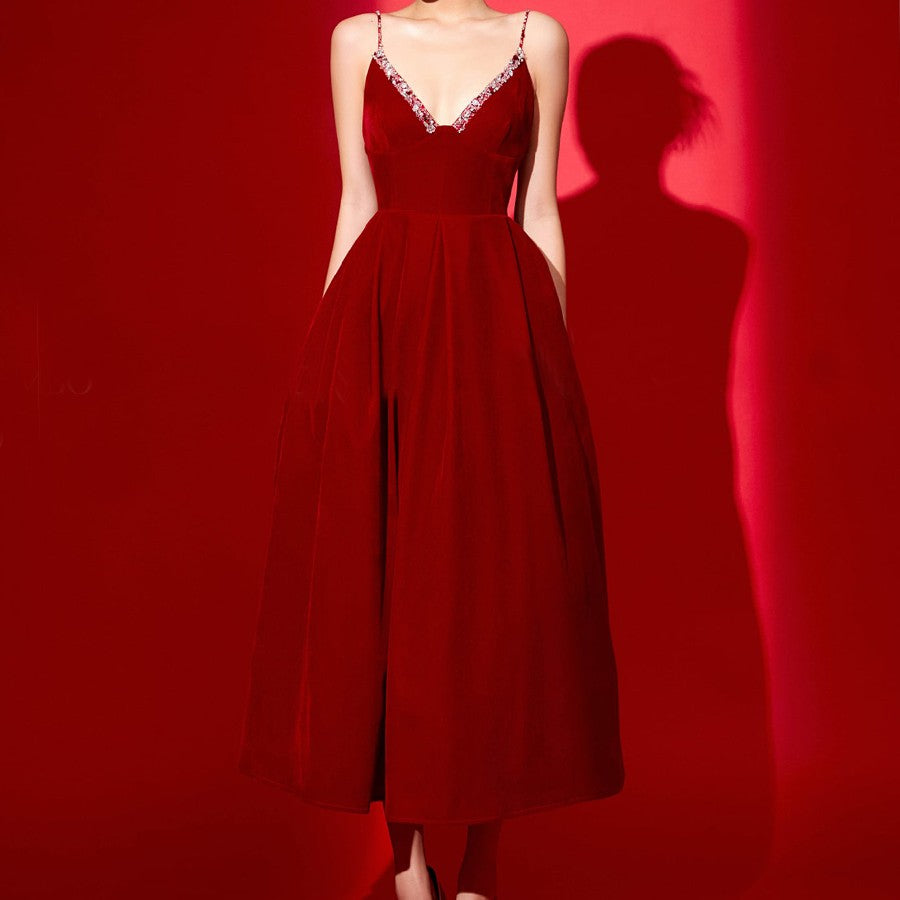 Deep V Neckline Suspender Sexy Backless Sleeveless Velvet Crimson Princess Dress - JOcaste