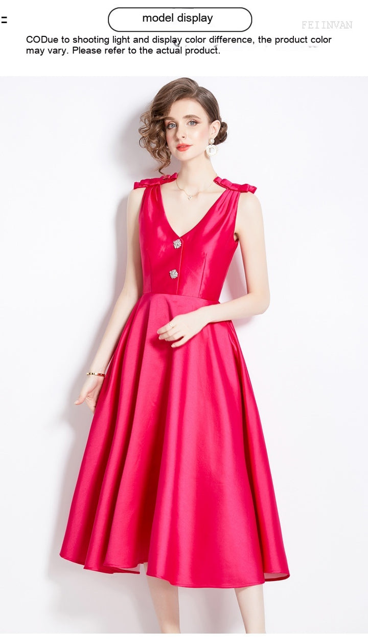 Three-dimensional Bow Diamond V Neck Tight Waist Large Hem Dress