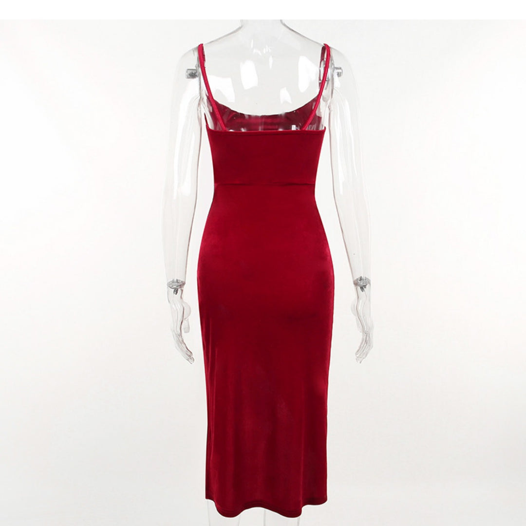 Christmas Red Dress With Waist Folds And Slit
