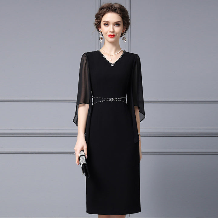 V-neck Studded Diamond Cape Yarn Sleeve Wrap Hip Skirt