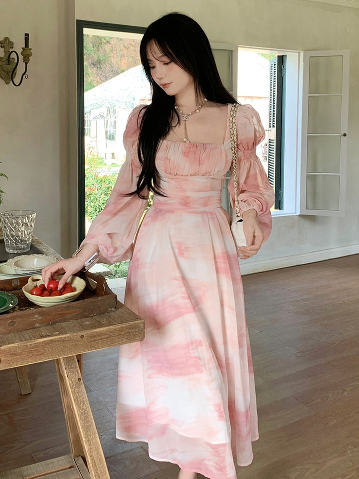 Square Collar Puff Sleeve Long Sleeve Dress