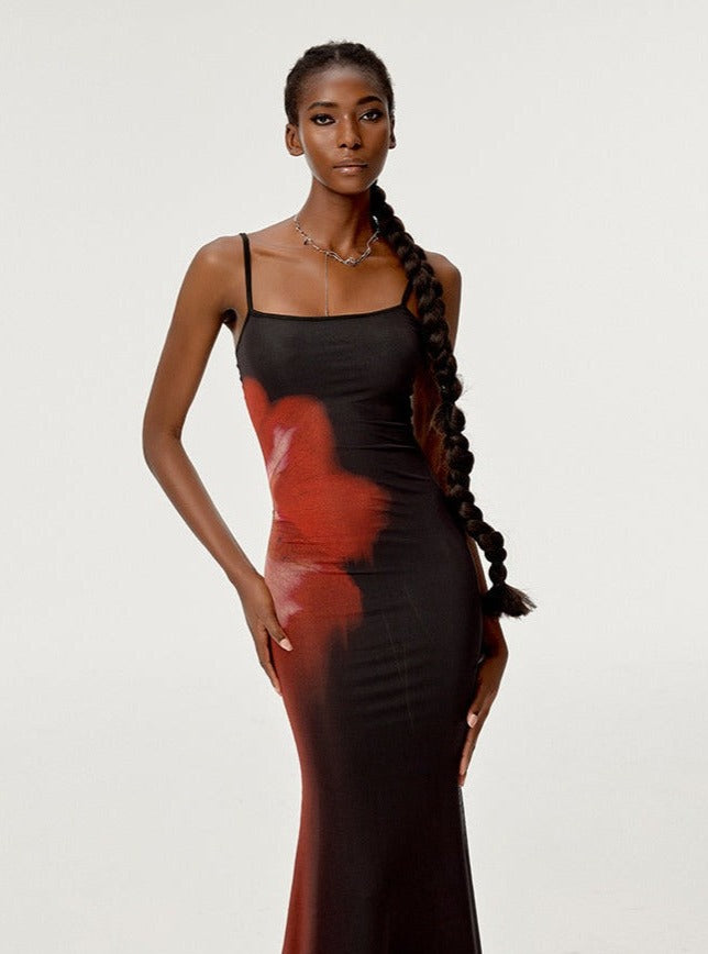 Positioning Printing Waist-tight Sheath Fishtail Sling Dress