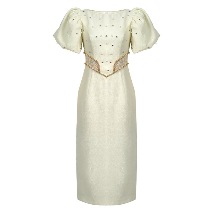 Round Neck Puff Sleeve Slim Fit Dress Women