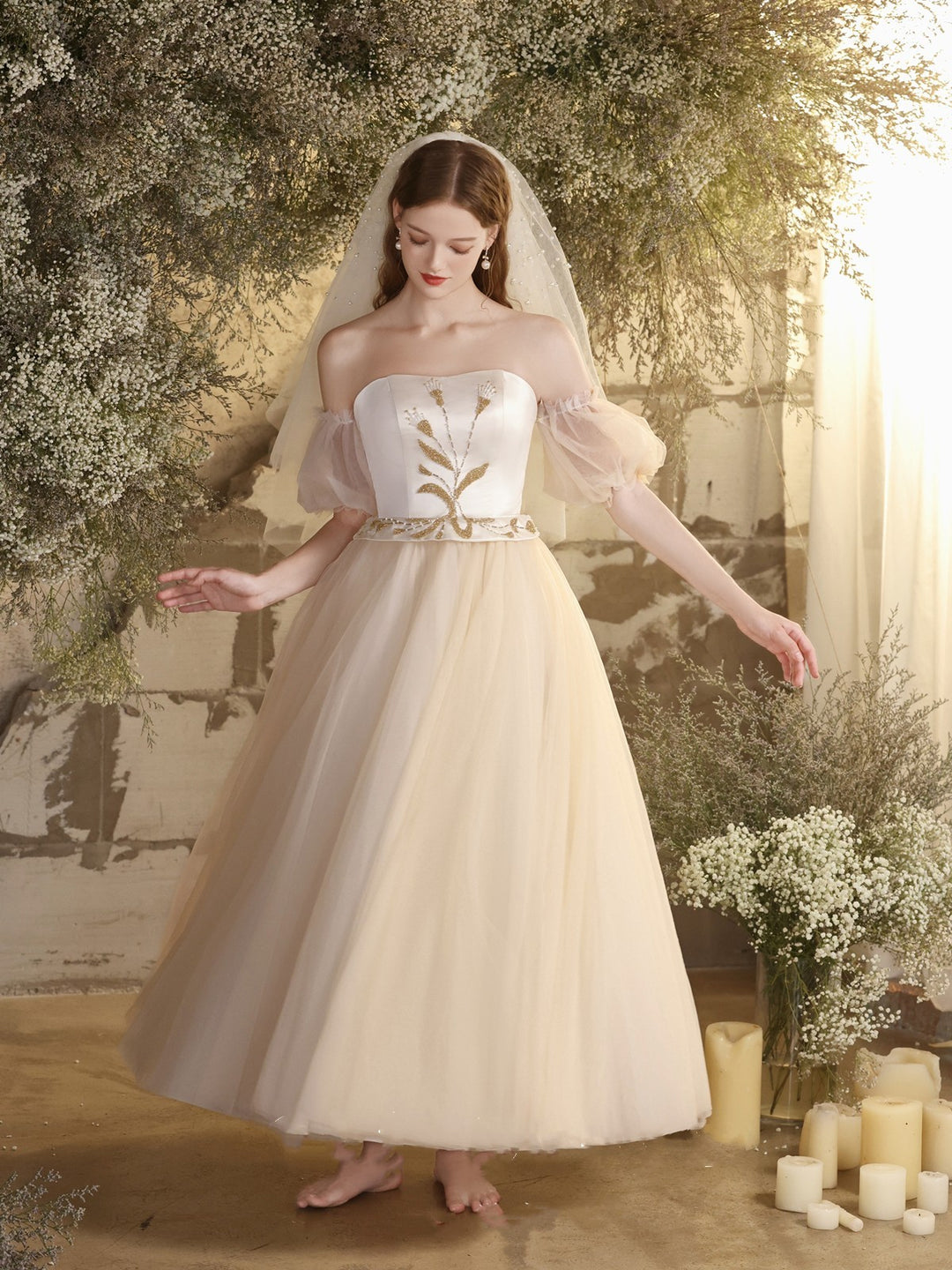 Bridal Wedding Dress White Bra Beaded Midi Gauze Dress