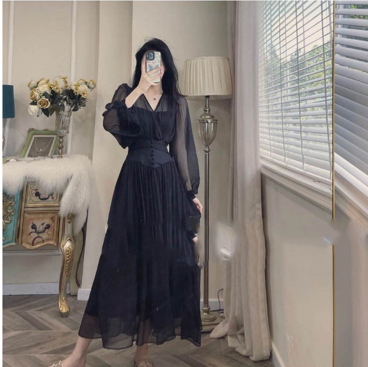 Feminine V-neck Long Sleeve Waist Dress