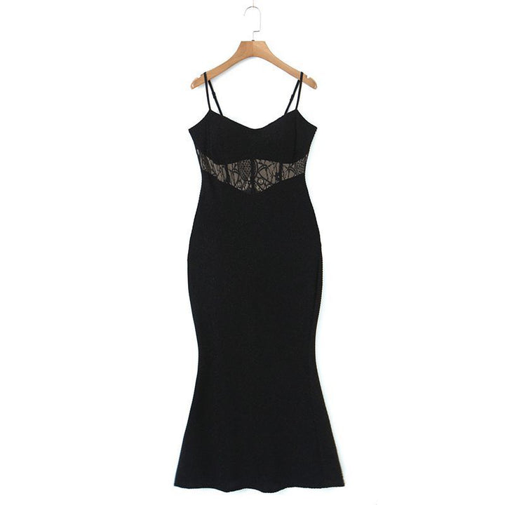 French Manor Lace Fishbone Sling Mini Black Dress