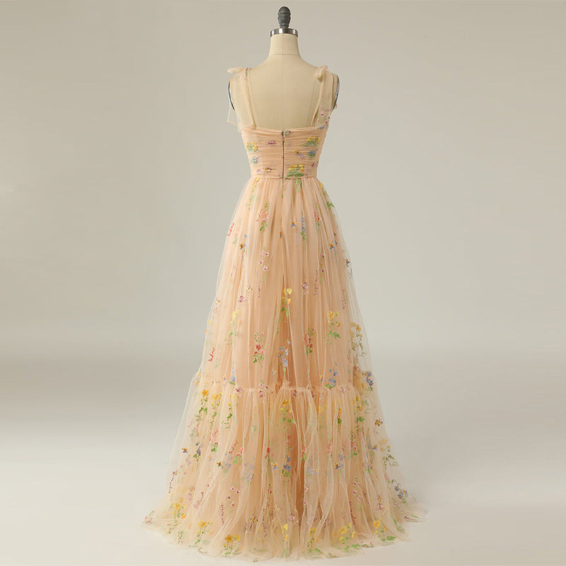 Long Niche Strap Embroidered Heavy Work Floral Dress - JOcaste