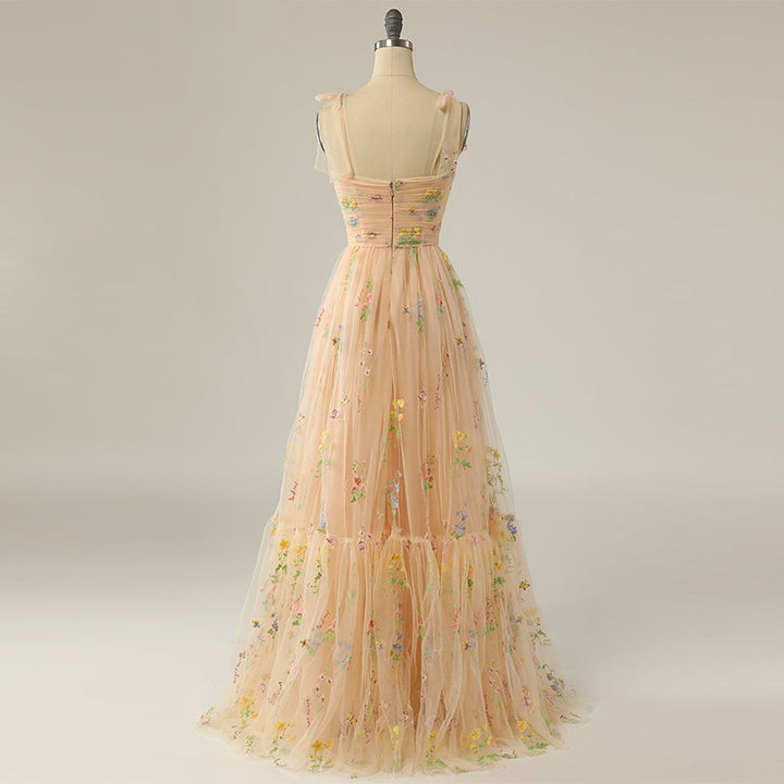 Long Niche Strap Embroidered Heavy Work Floral Dress - JOcaste
