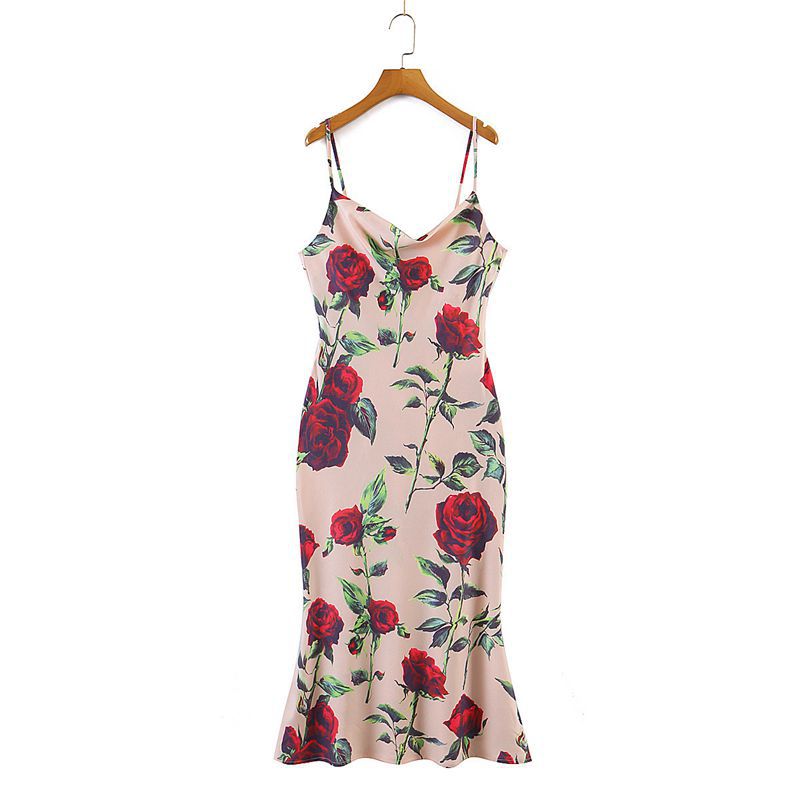 Printed Tulip Slant Collar Slip Dress