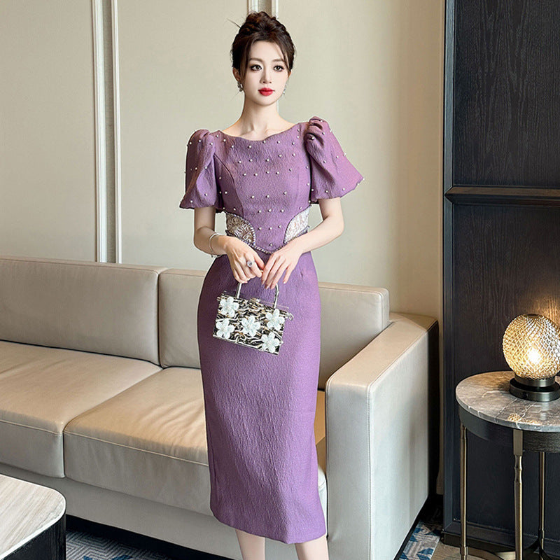 Round Neck Puff Sleeve Slim Fit Dress Women