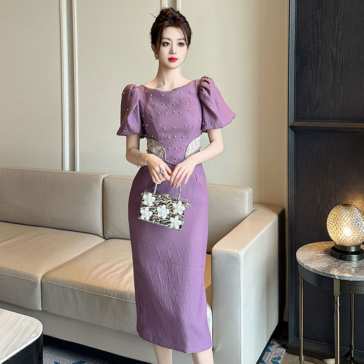 Round Neck Puff Sleeve Slim Fit Dress Women