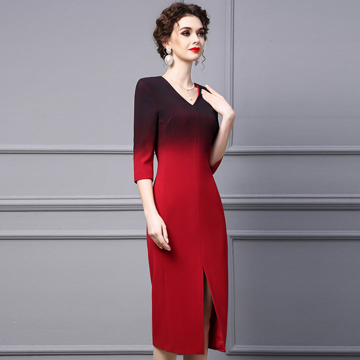 Gradient Red Buttocks Wrapped Dress For Women