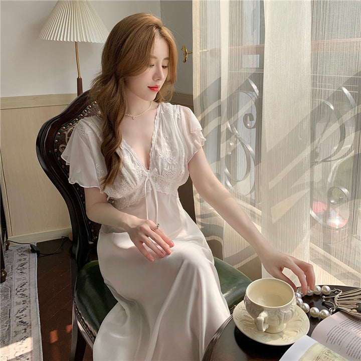 Lace Suspender Short Sleeved Long Skirt For Home Wear