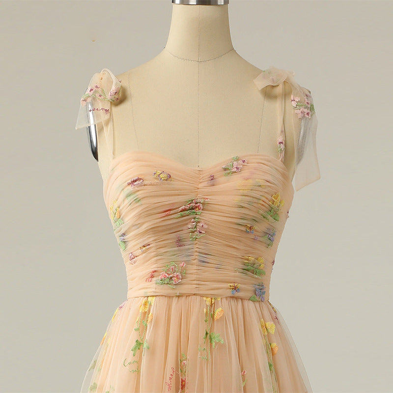 Long Niche Strap Embroidered Heavy Work Floral Dress - JOcaste