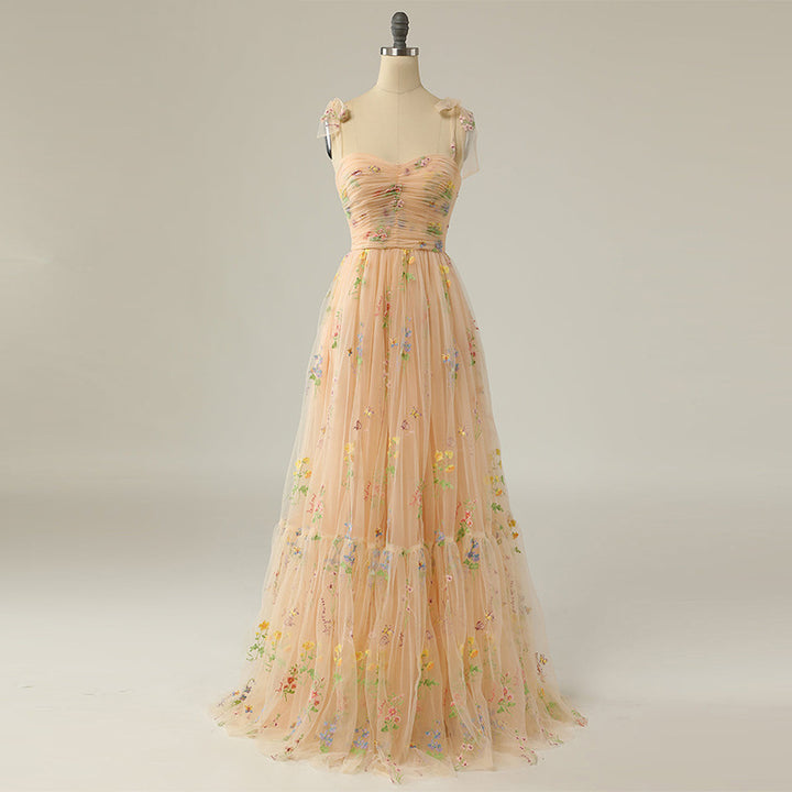 Long Niche Strap Embroidered Heavy Work Floral Dress - JOcaste