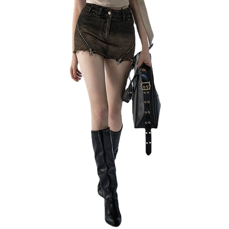 Dirty Washed Gradient Denim Short Skirt Shorts